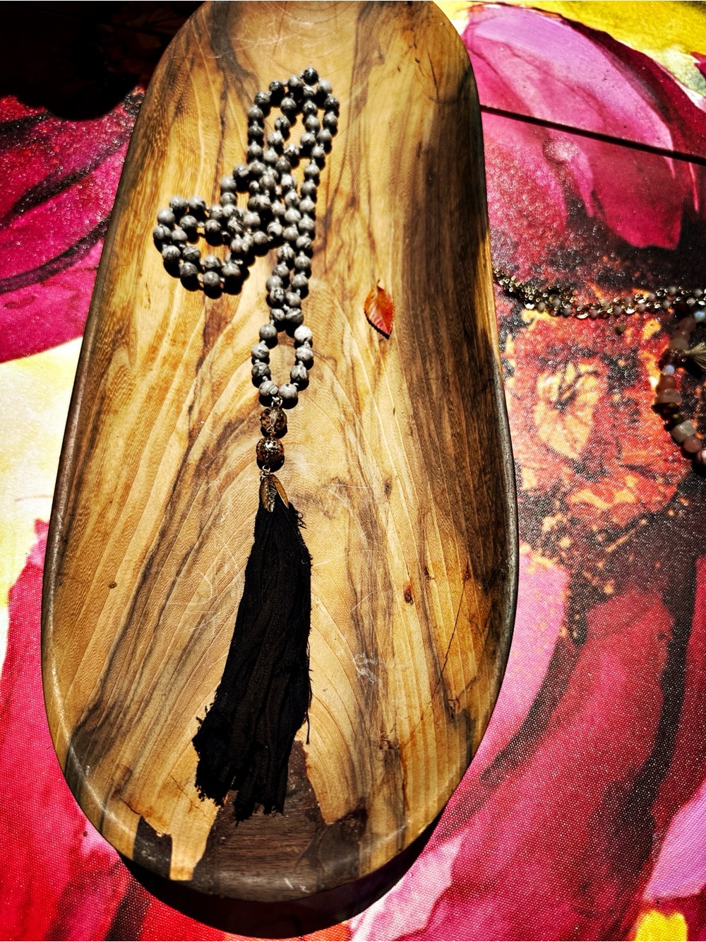Gray Quartz hand knotted mala beads, black linen tassel